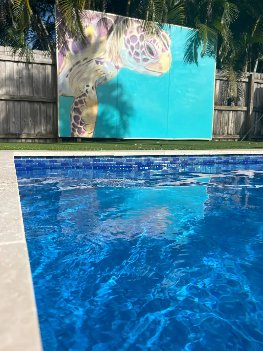 The pool in front of the hand-painted sea-turtle mural on the back fence