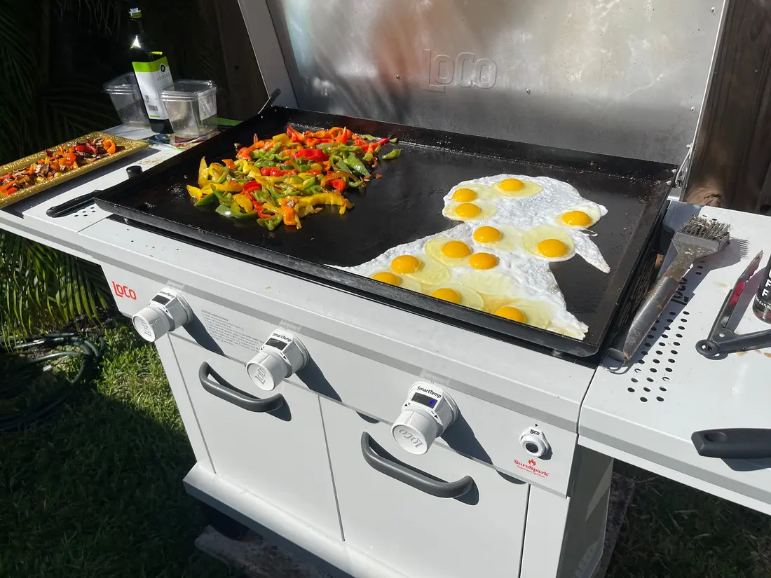 Breakfast cooking on the outdoor Blackstone griddle
