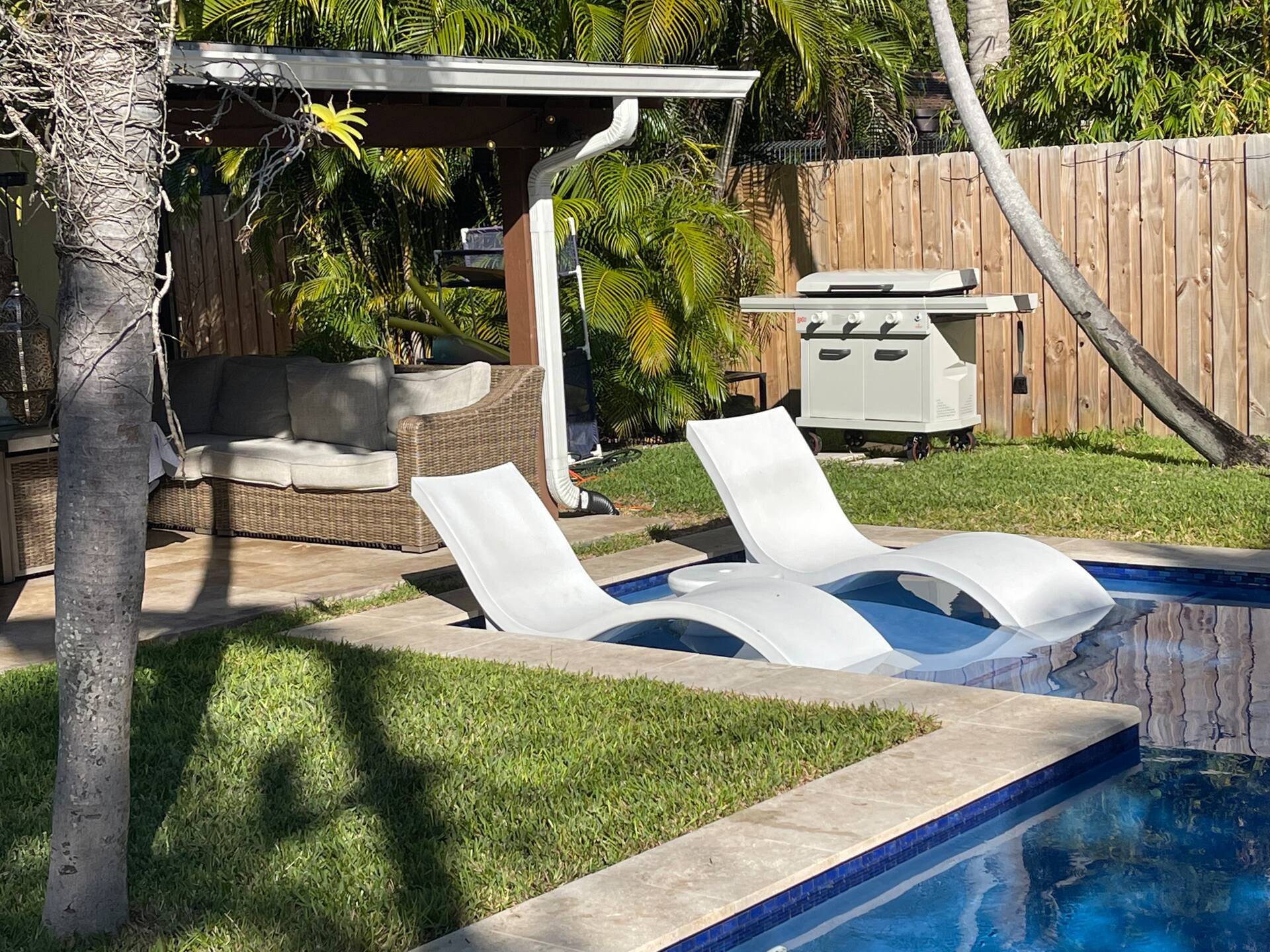 Two loungers on the grass beside the pool, under the palms