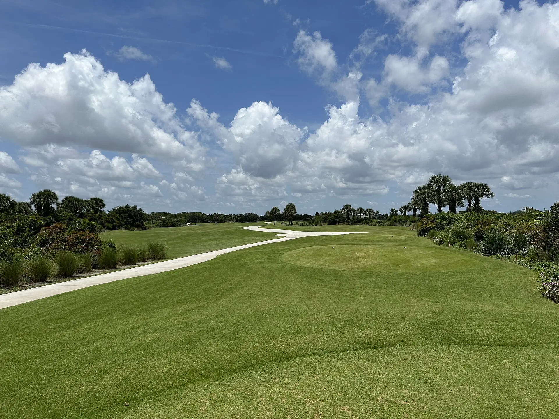 Plantation Preserve Golf Course & Club: a wide view across a manicured golf course fairway and cart path lined with native vegetation and palm trees under a sky filled with cumulus
