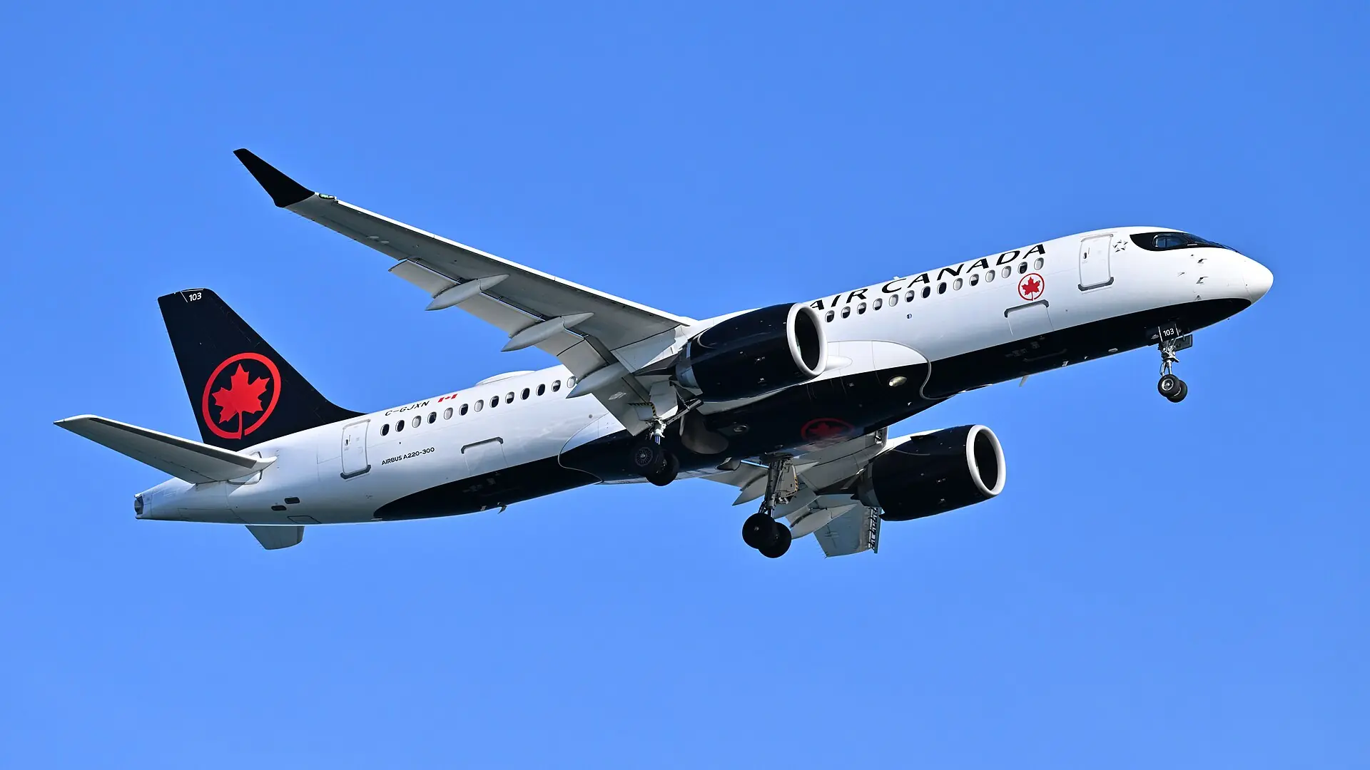 An Air Canada Airbus A220-300 on final approach
