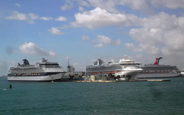 Port Everglades: multiple large cruise ships docked at port terminals across open water under a partly cloudy sky