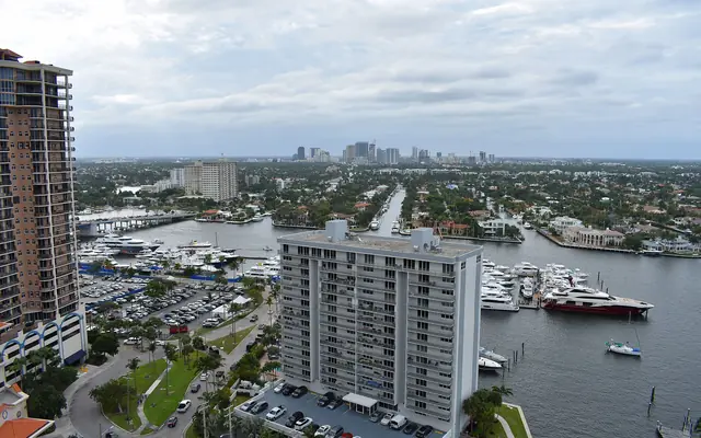 Fort Lauderdale's marinas, the Intracoastal Waterway and the downtown skyline, seen from a beach hotel