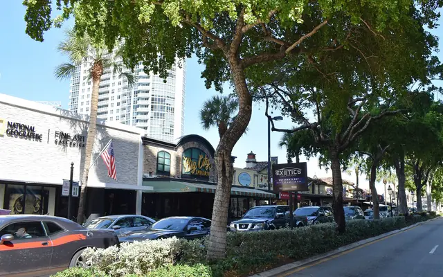 A daytime street view along Las Olas Boulevard in Fort Lauderdale showing storefronts, parked cars, and leafy shade trees