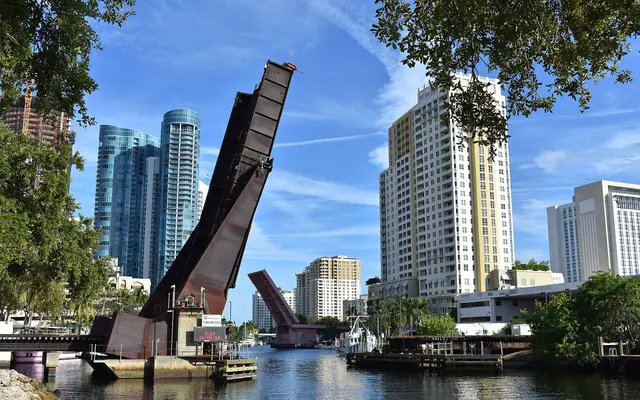 The New River in downtown Fort Lauderdale with the railroad drawbridge raised