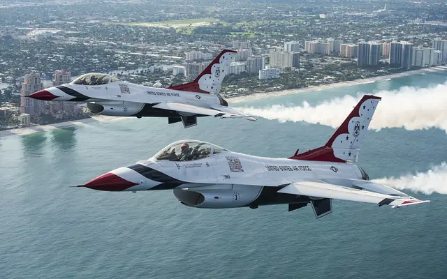 The U.S. Air Force Thunderbirds flying over the beach and hotels at the Fort Lauderdale Air Show