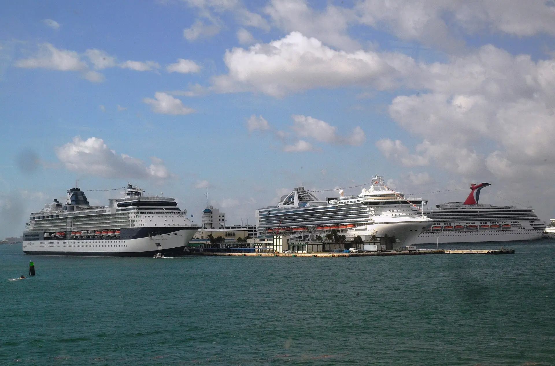 Port Everglades: multiple large cruise ships docked at port terminals across open water under a partly cloudy sky