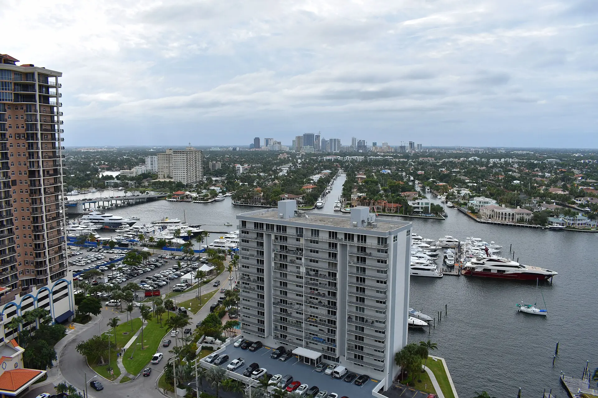 Fort Lauderdale's marinas, the Intracoastal Waterway and the downtown skyline, seen from a beach hotel