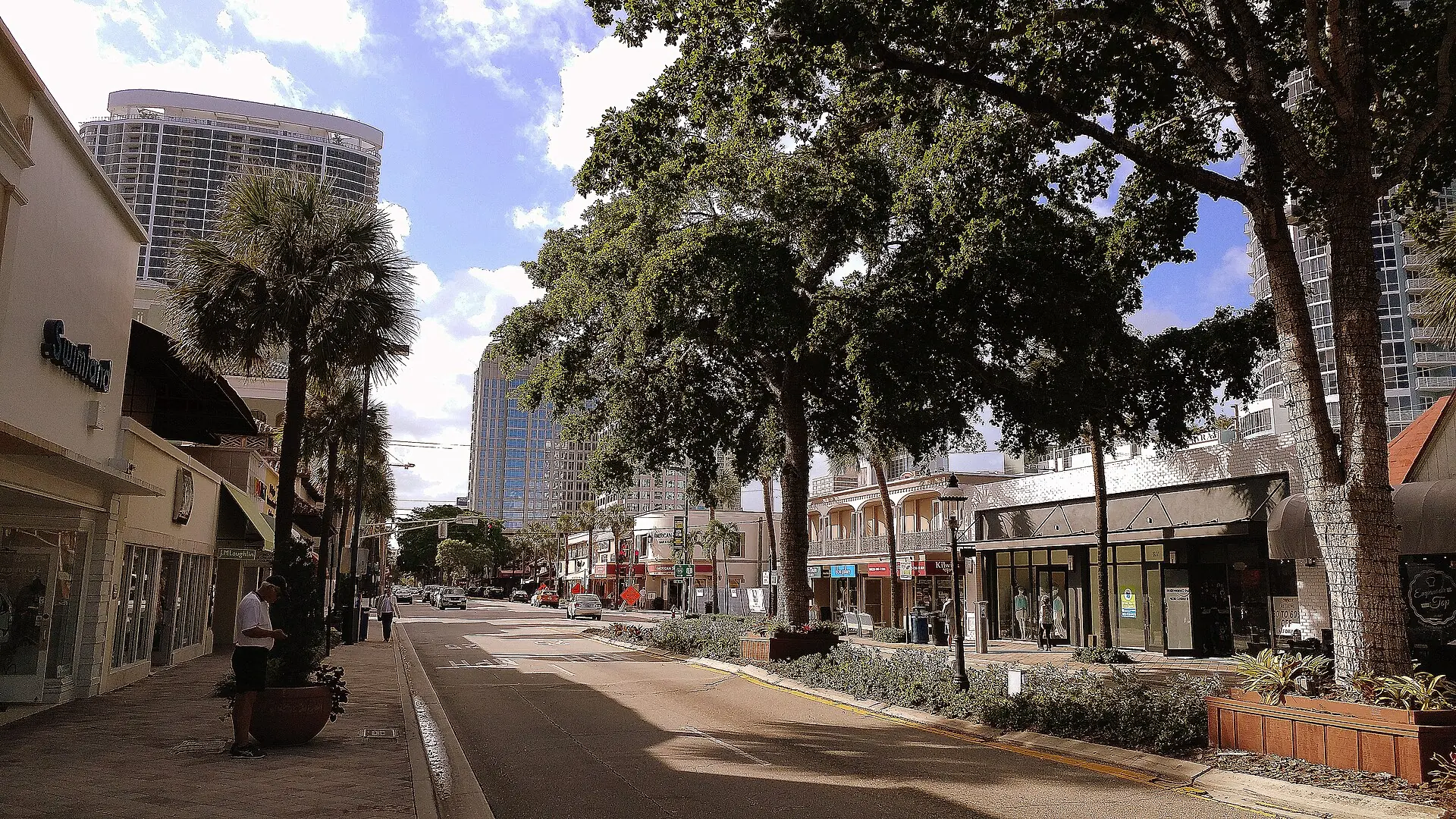 Huizenga Plaza: a tree-lined boulevard lined with shops, restaurants, and palm trees with downtown high-rises in the background