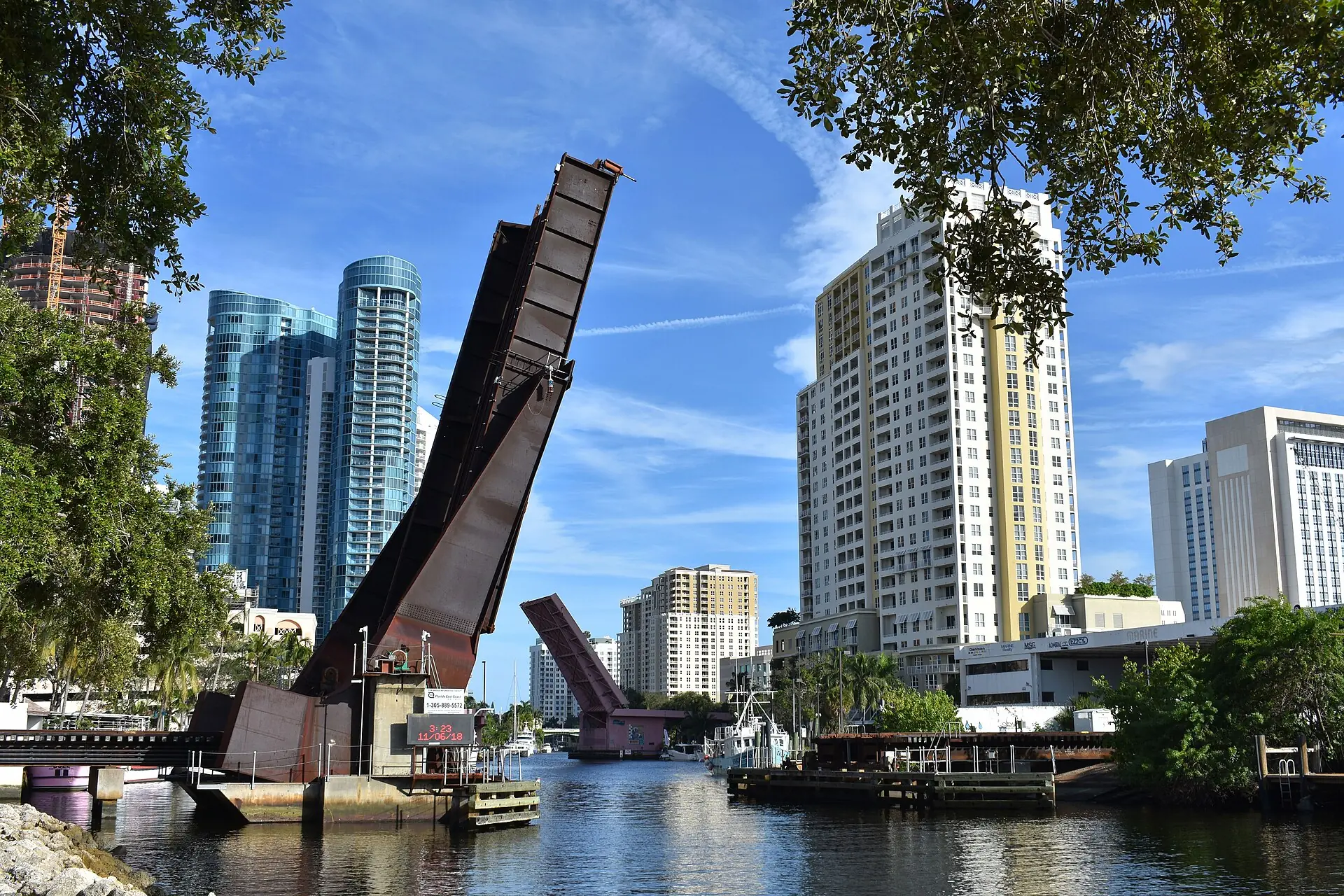 The New River in downtown Fort Lauderdale with the railroad drawbridge raised