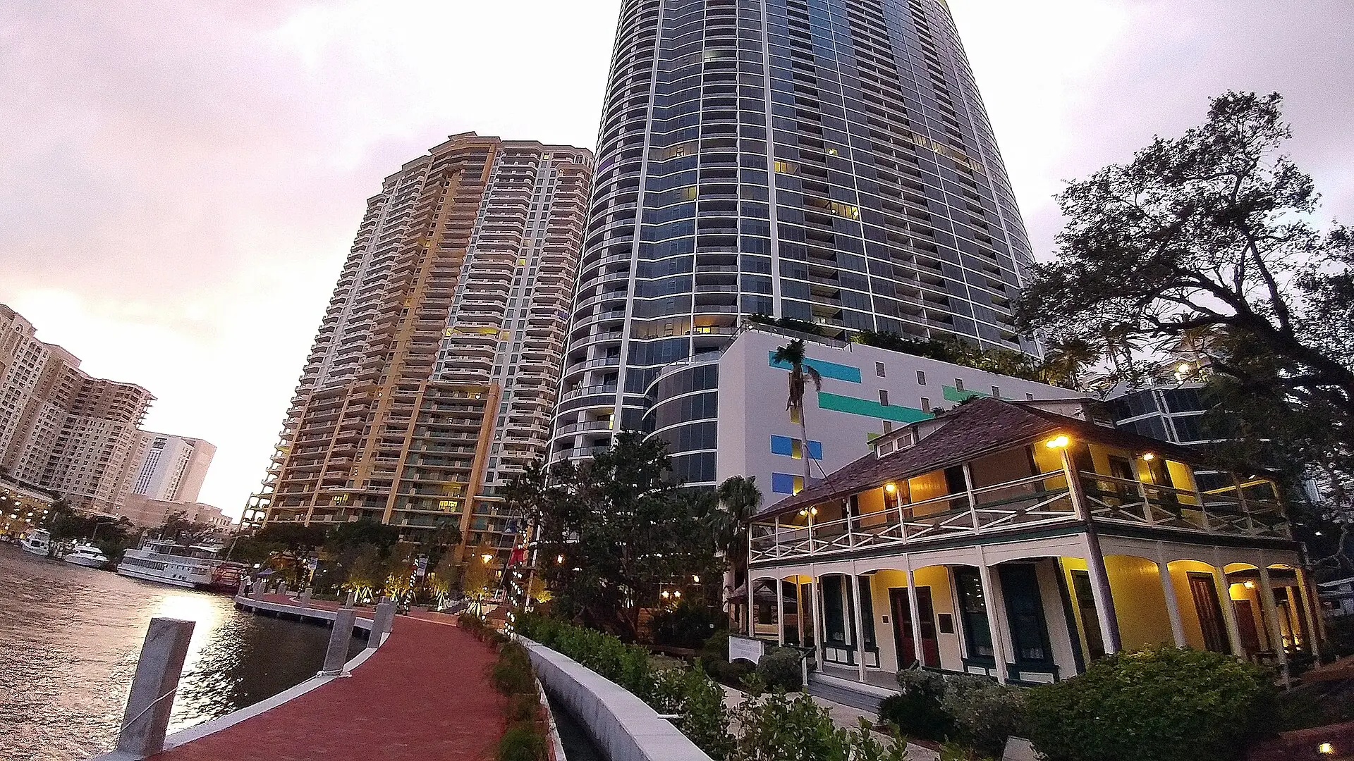 The Riverwalk along the New River in downtown Fort Lauderdale at dusk