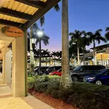 Sawgrass Mills: an outdoor luxury shopping promenade at an outlet mall with palm trees, parked cars, and designer storefronts at dusk