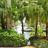 Broward Center for the Performing Arts: lush tropical garden featuring flowering angel's trumpet and palms overlooking a calm canal with boat docks