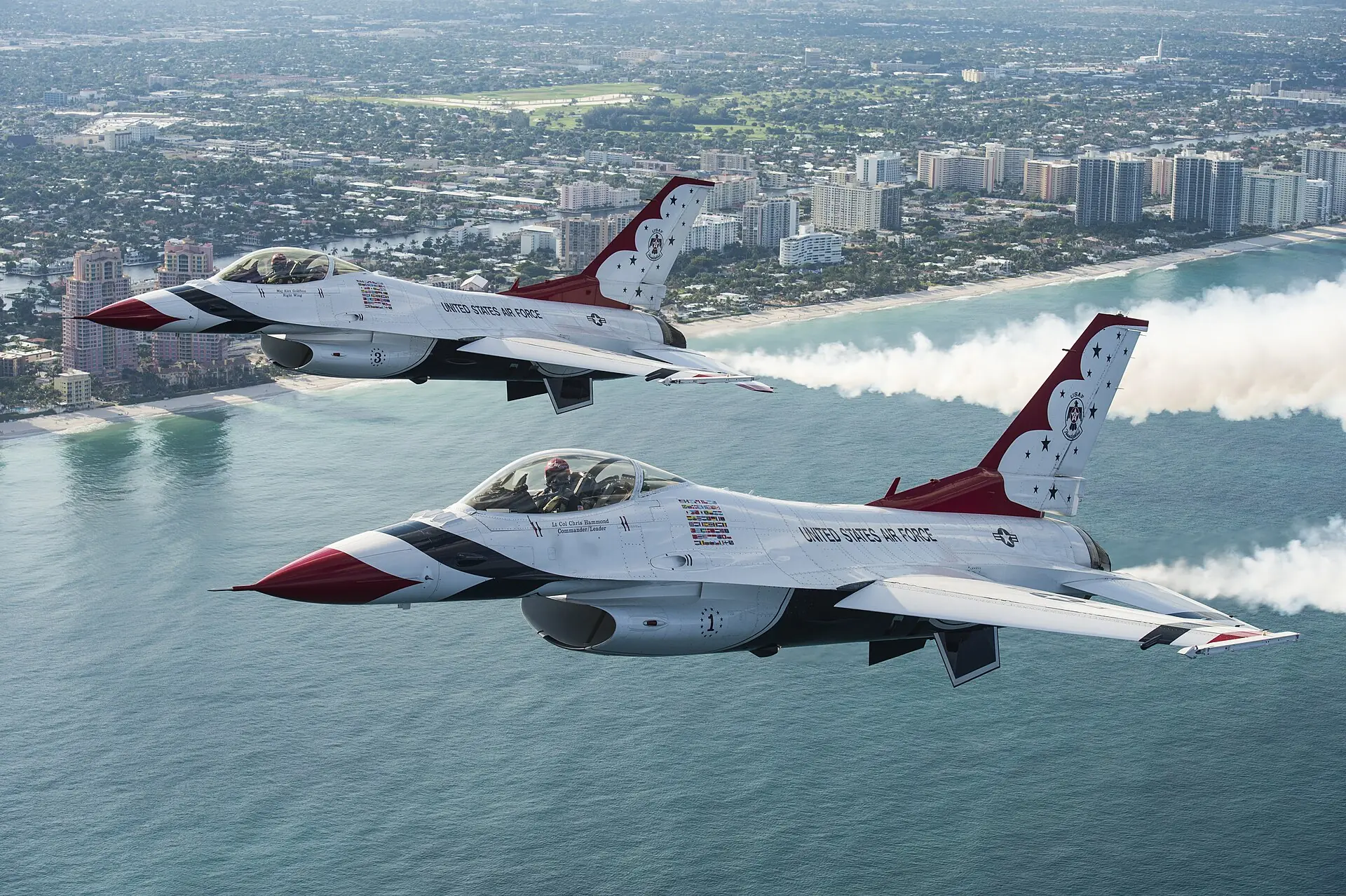 The U.S. Air Force Thunderbirds flying over the beach and hotels at the Fort Lauderdale Air Show